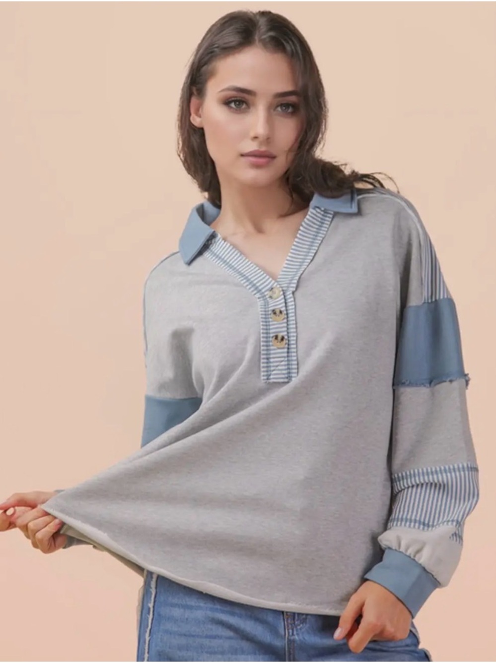 Casual Grey & Blue Contrast Collared Women's Top